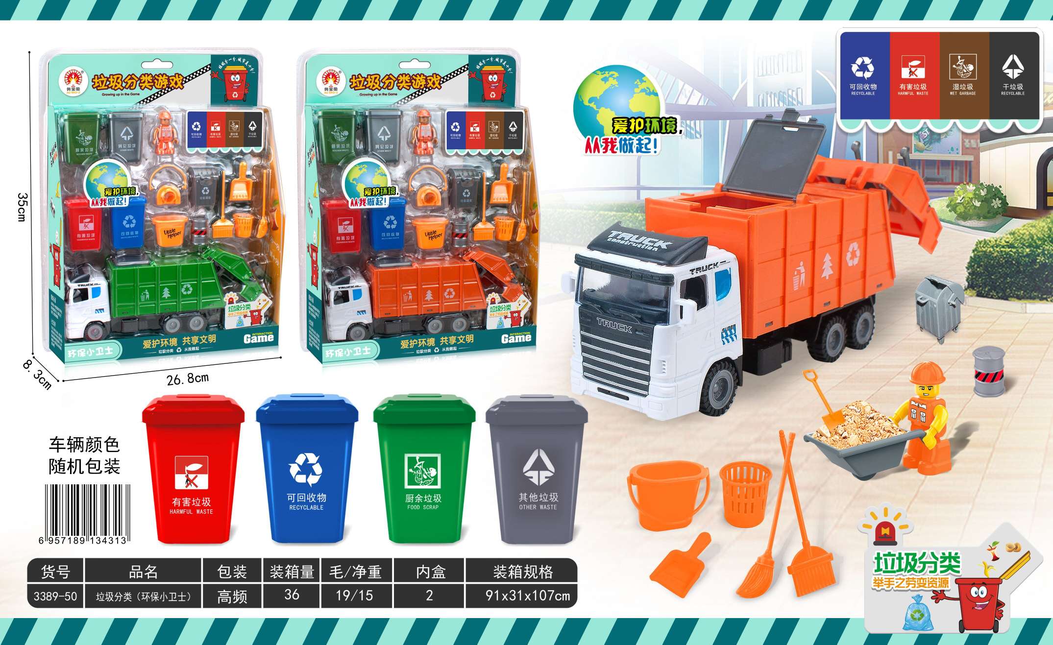 儿童玩具回力惯性车子环保垃圾分类车子套装 板装 3389－50