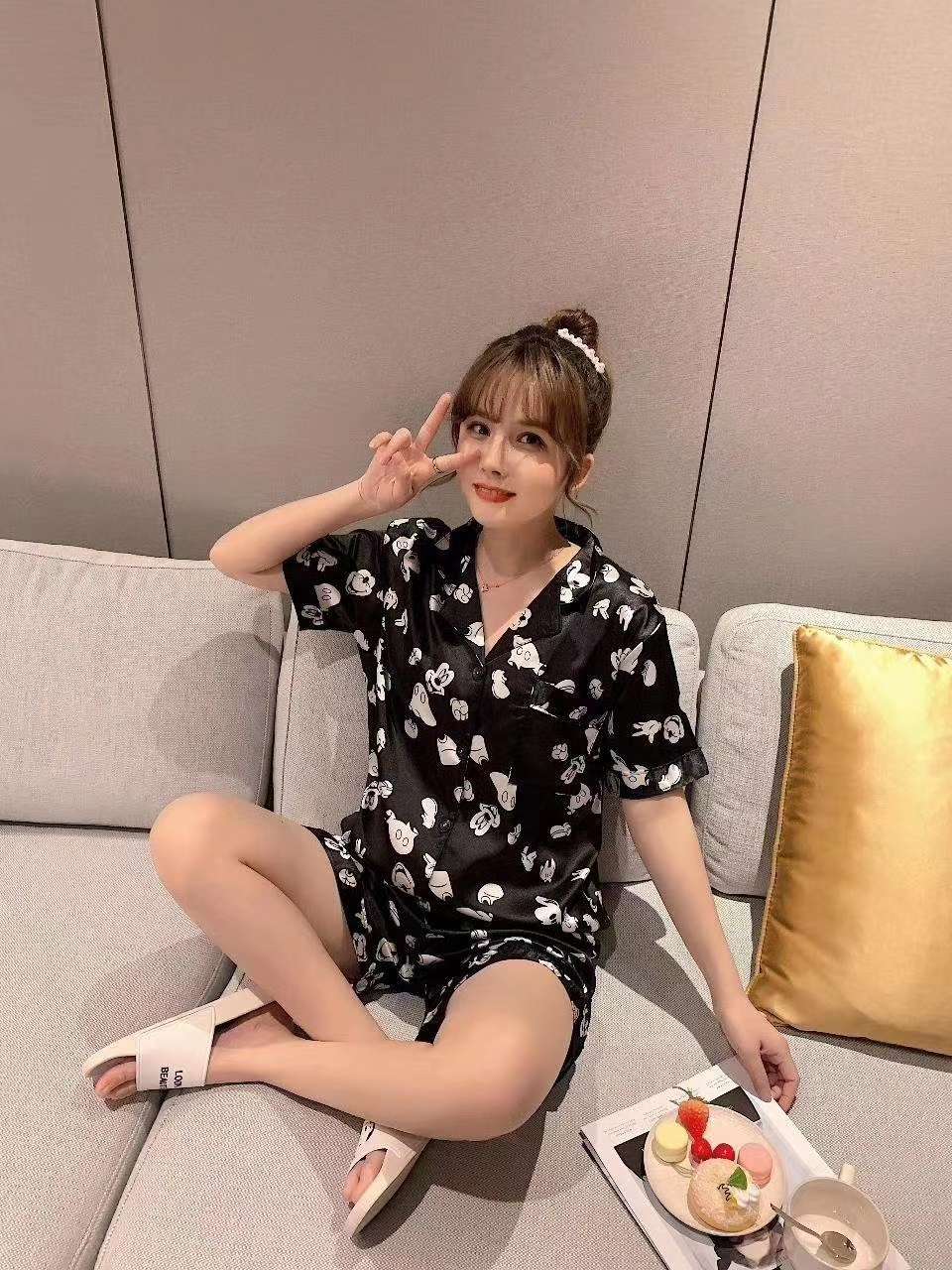 Ladies' Homestay Pajamas Set Cute Sweetheart Pattern, Floral Pattern, M-Xxl Specification drawing