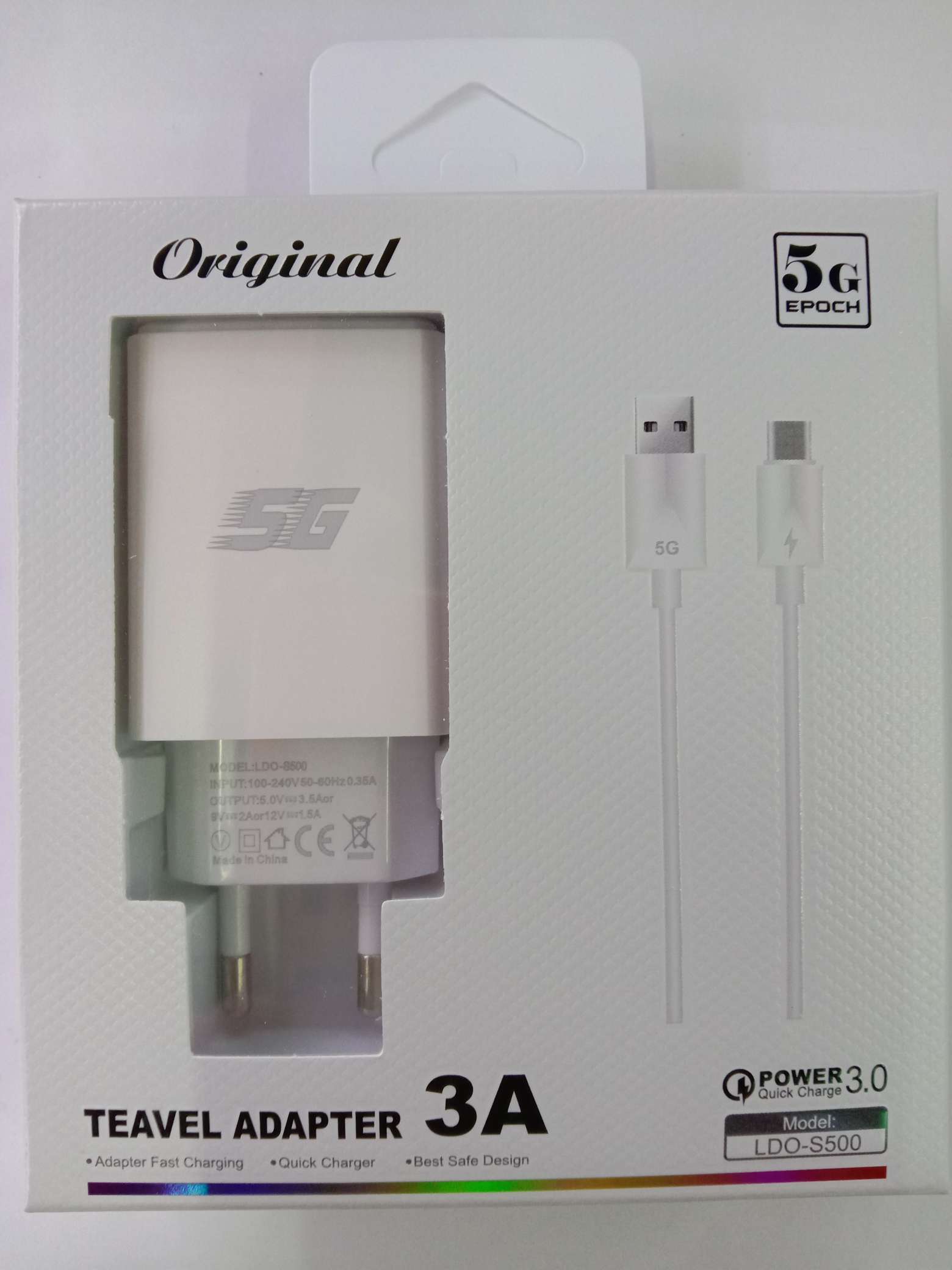 5G充电头数据线二合一套盒二合一套装S500扁插圆插欧美规1A 2A 可选