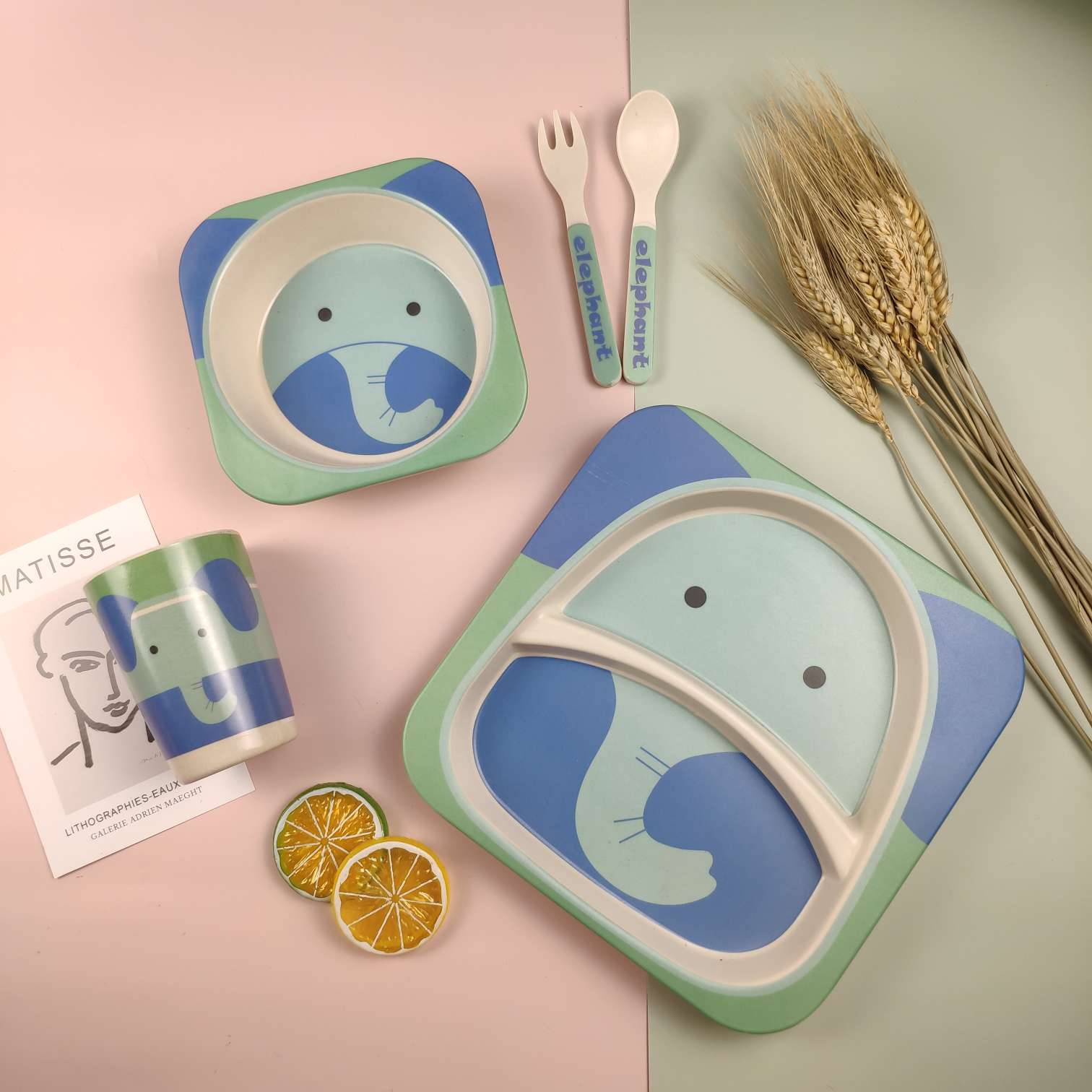 卡通竹纤维儿童餐具分隔餐盘碗勺子叉子可爱婴儿辅食碗宝宝五件套详情图2