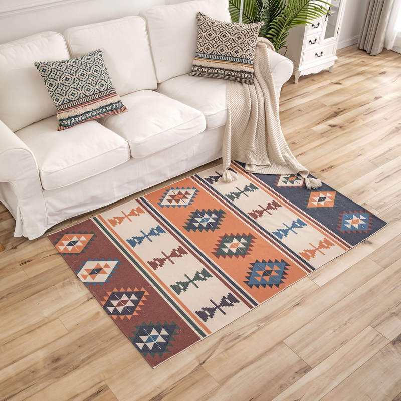 跨境专供线棉地垫编织地毯棉麻编织流苏印花地垫波西米亚风垫民族风印花厨房垫客厅垫床边垫加厚防滑流苏地垫棉线编织大地垫白底实物图