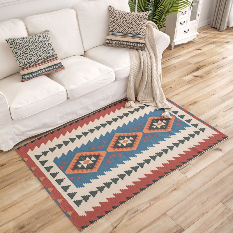 跨境专供线棉地垫编织地毯棉麻编织流苏印花地垫波西米亚风垫民族风印花厨房垫客厅垫床边垫加厚防滑流苏地垫棉线编织大地垫细节图