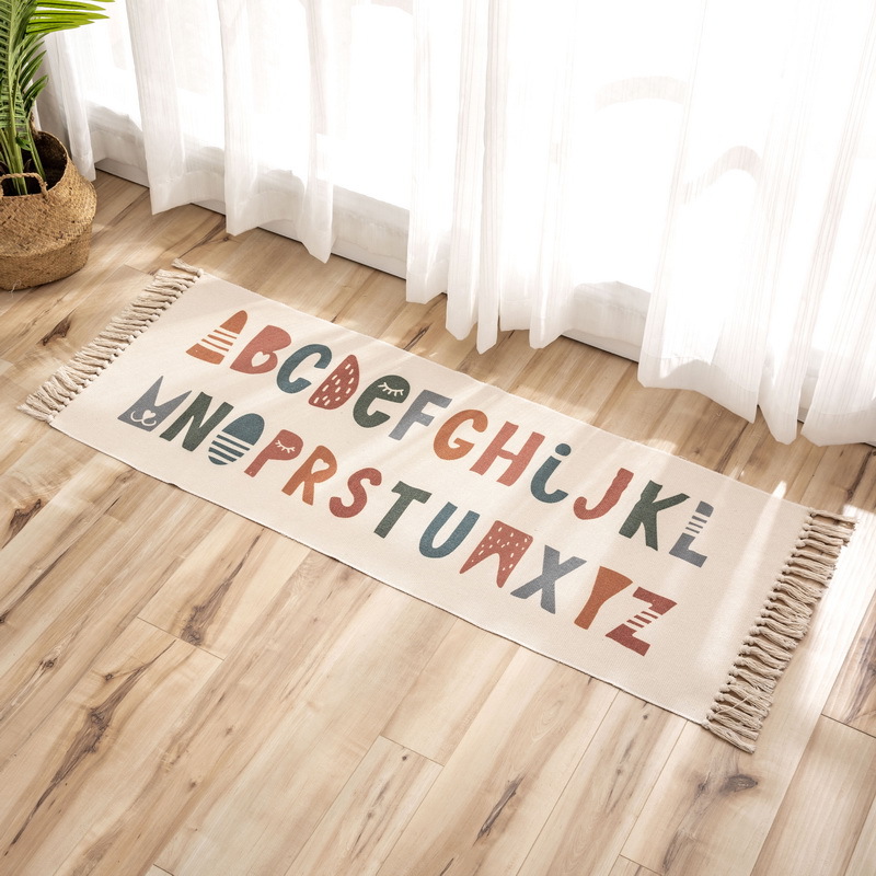 Cross-border supply thread cotton mat braided carpet cotton and linen braided tassel printed mat Bohemian style printed mat kitchen mat living room mat bedside mat thickened non-slip fringed mat cotton thread braided Indonesian long mat thumbnail