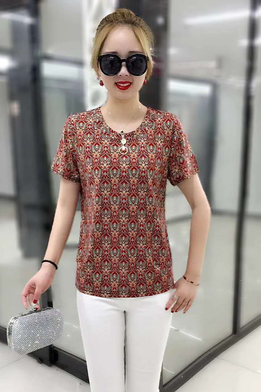 妈妈夏装两件套装中年妇女时尚花色T恤中老年女装奶奶短袖上衣服