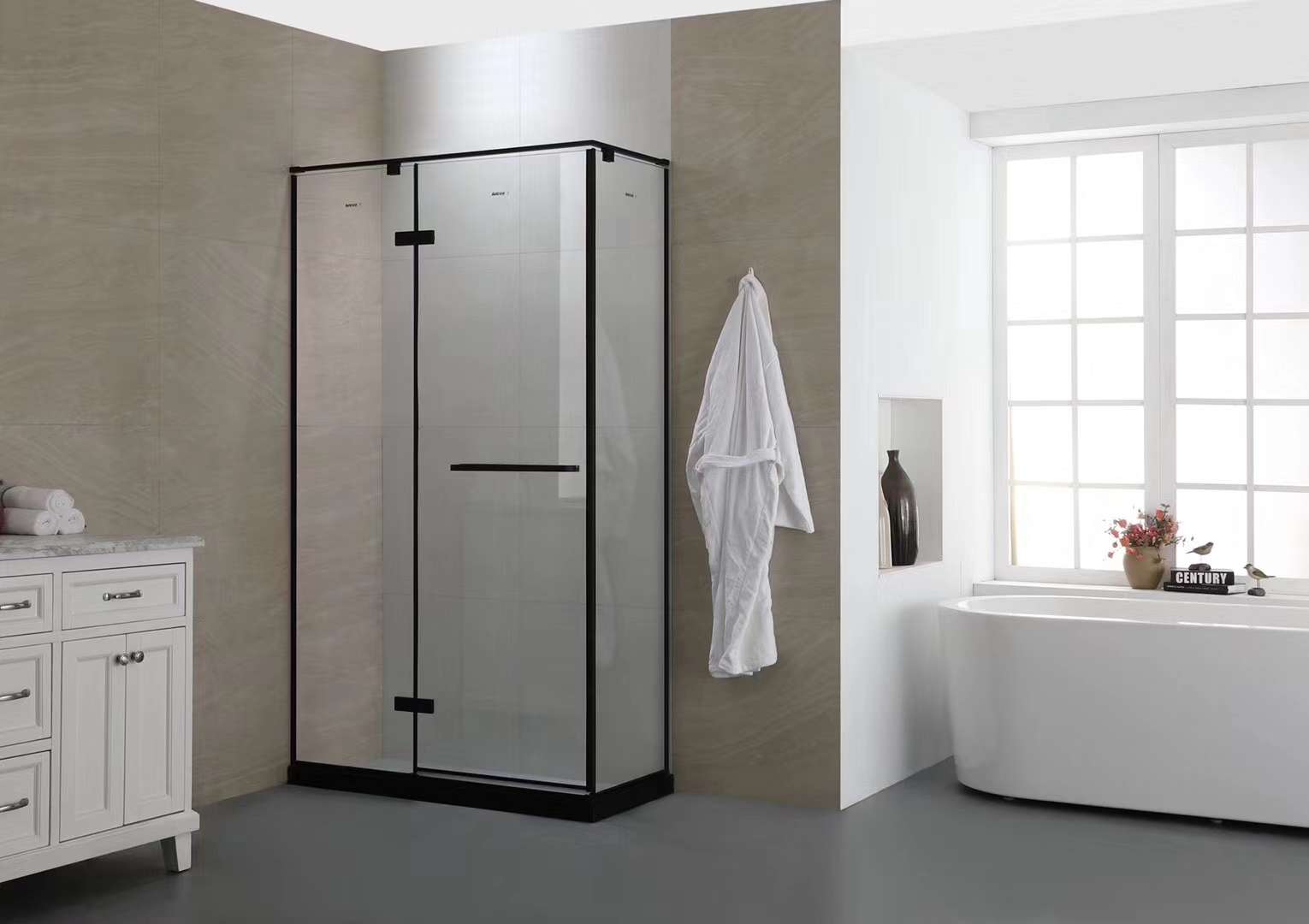 The Bette Super White Crystal Glass shower Enclosure 05 series features an elegant black, safe and fingerprint-free integrated design details Picture