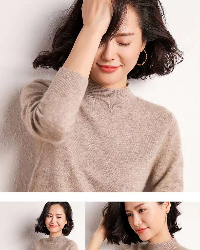 Women's flatbed semi-tall cashmere sweater details Picture