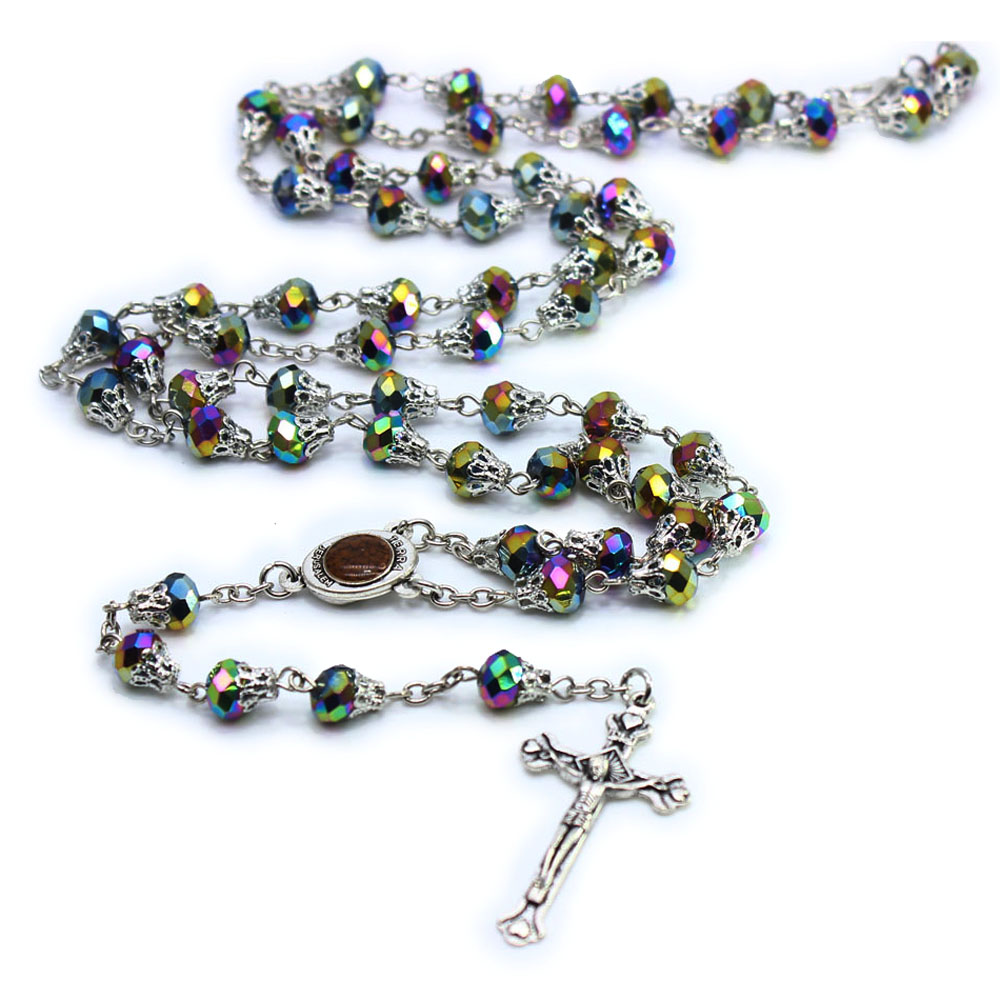 Boxed crystal Rosary necklace with multiple color options, cross necklace and bead chain Rosary undefined