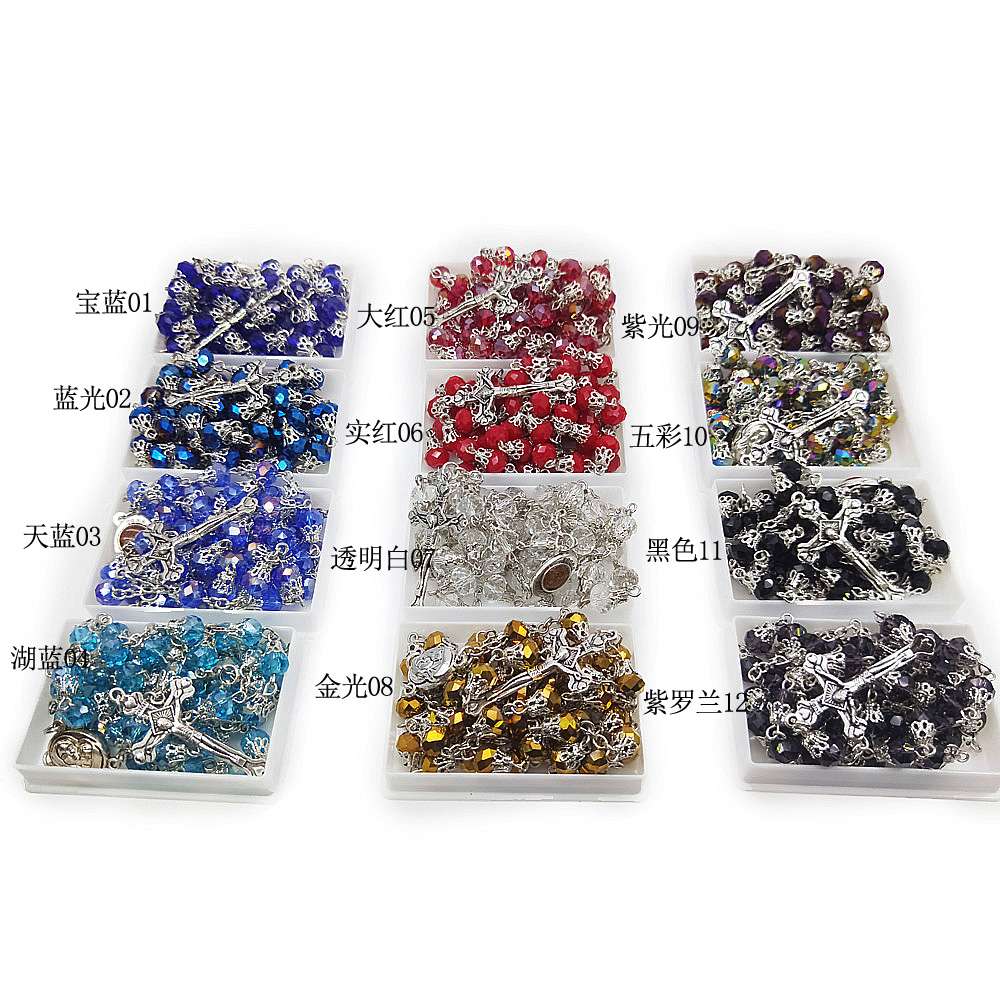 Boxed crystal Rosary necklace with multiple color options, cross necklace and bead chain Rosary Item Picture