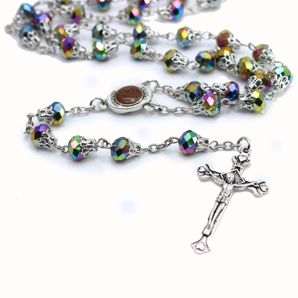 Boxed crystal Rosary necklace with multiple color options, cross necklace and bead chain Rosary Specification image
