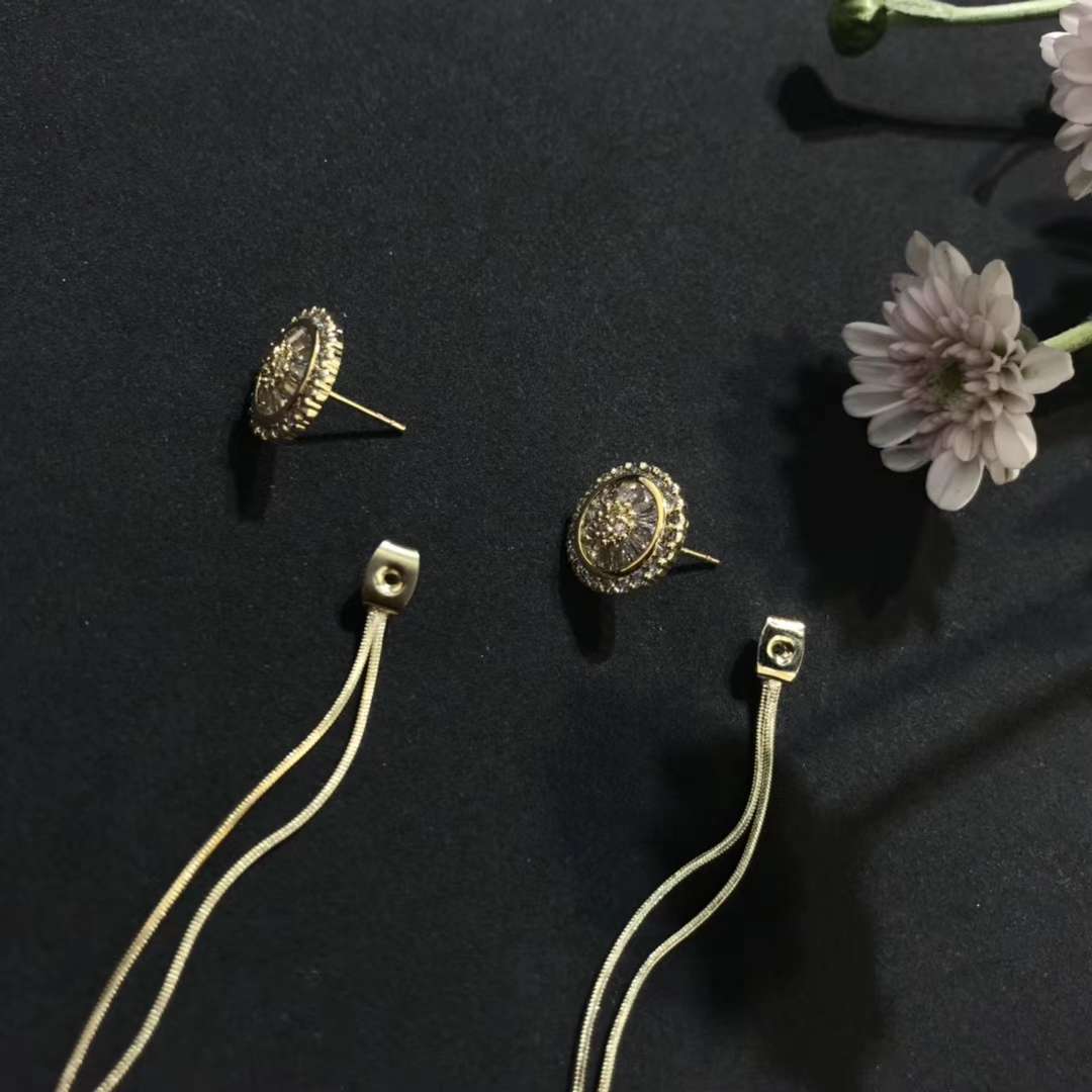 New copper micro-inlaid tassel dual-purpose 925 silver needle earrings details Picture