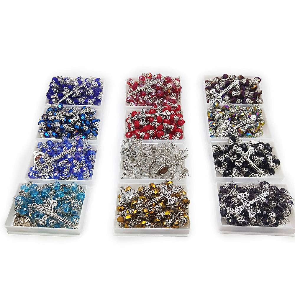 Boxed crystal Rosary necklace with multiple color options, cross necklace and bead chain Rosary details Picture