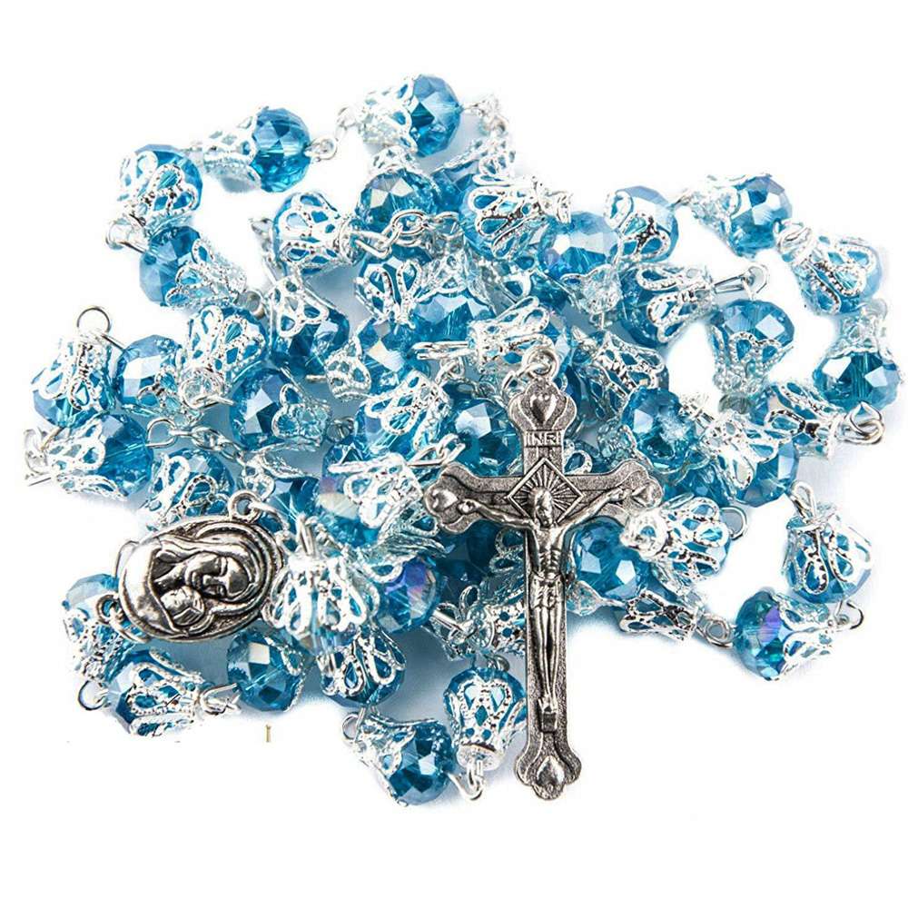 Boxed crystal Rosary necklace with multiple color options, cross necklace and bead chain Rosary Application Scenario