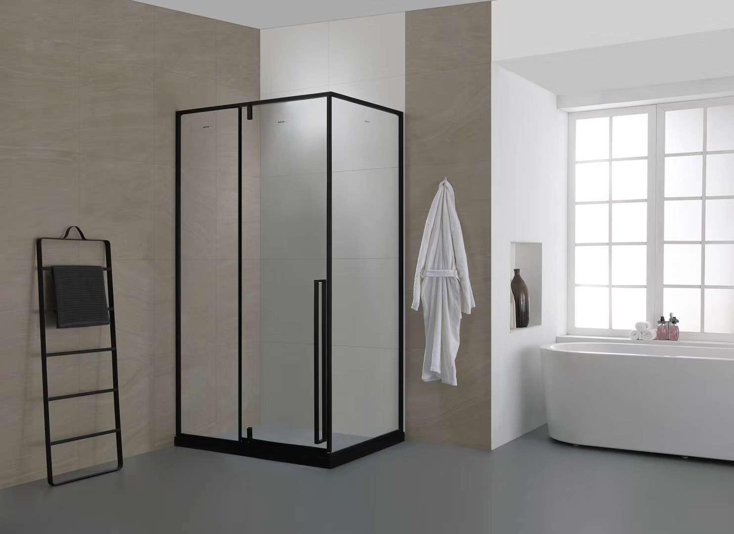 The Bette Super White Crystal Glass Shower Enclosure 13 series in elegant black style features an integrated design Specification image