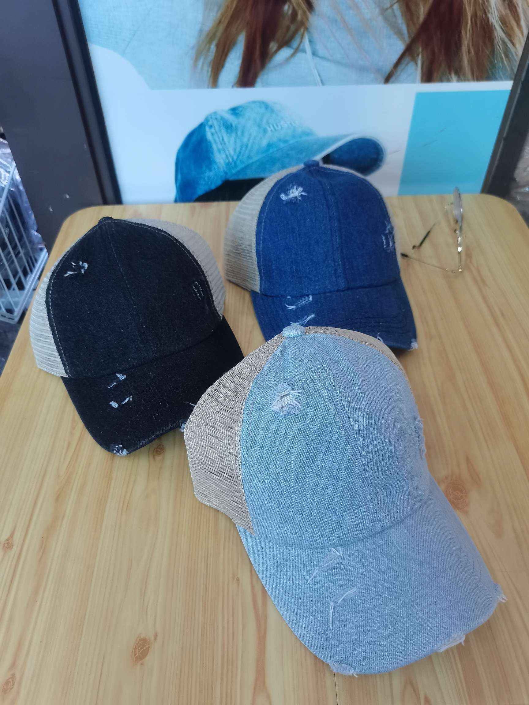 American and European adult women's elastic ponytail wash jeans washed and made into old baseball caps thumbnail