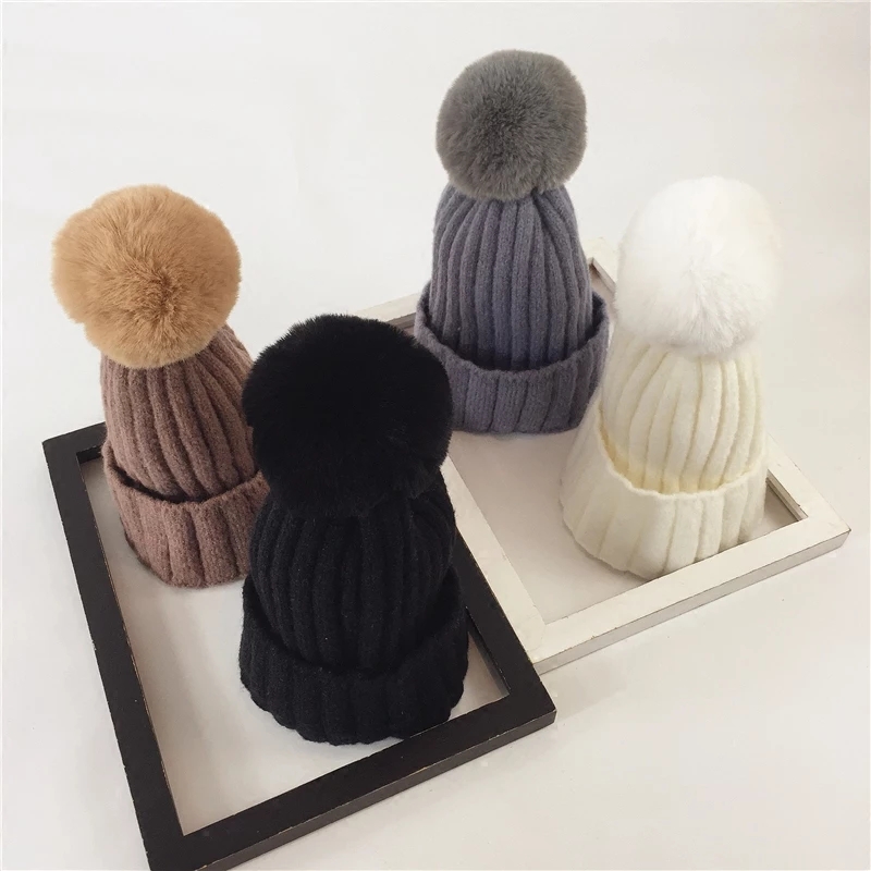 Winter plus velvet warm wool hat Korean version of pure color knitted wool ball cover cap simple ladies ear protection cold hat trend thumbnail