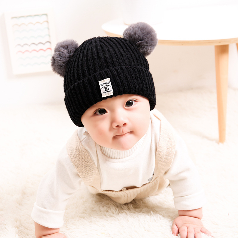 婴儿帽子3-6-12个月女秋冬宝宝帽子0-1-2岁儿童毛线帽男小孩帽潮白底实物图