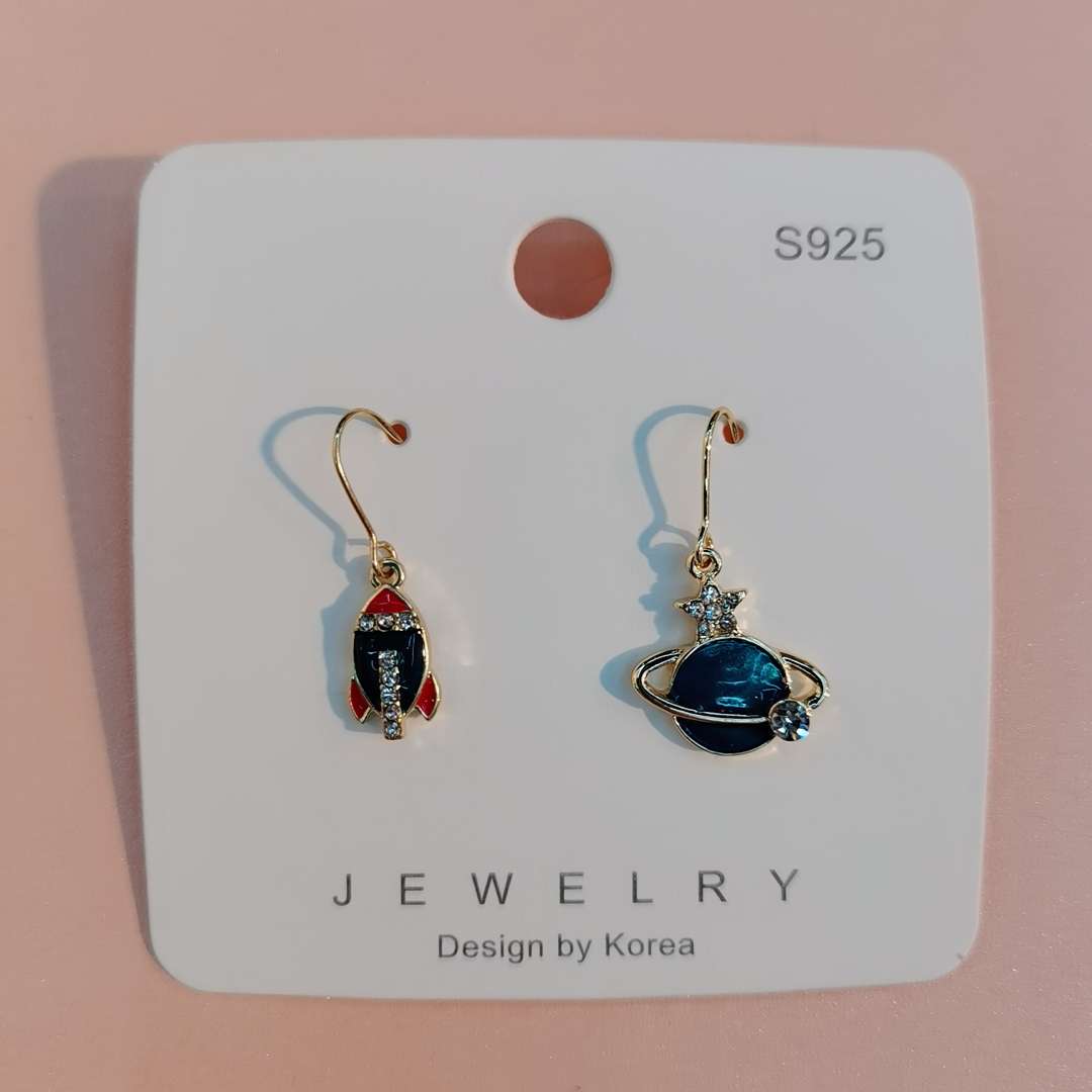 Temperament fantasy rocket planet asymmetrical Earring daily small Planet long earring 925
