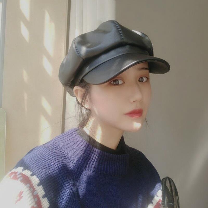 Spring and Autumn winter leather cap suede octagonal hat fan Bingbing star with the same style painter cap Beret cap woman thumbnail