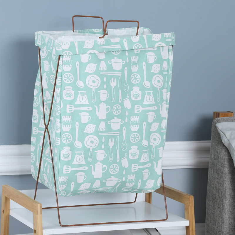 北欧铁艺收纳布艺收纳筐棉麻铁三角架脏衣篓可折叠防水提手铁架收纳篓大号不带盖满花花型产品图