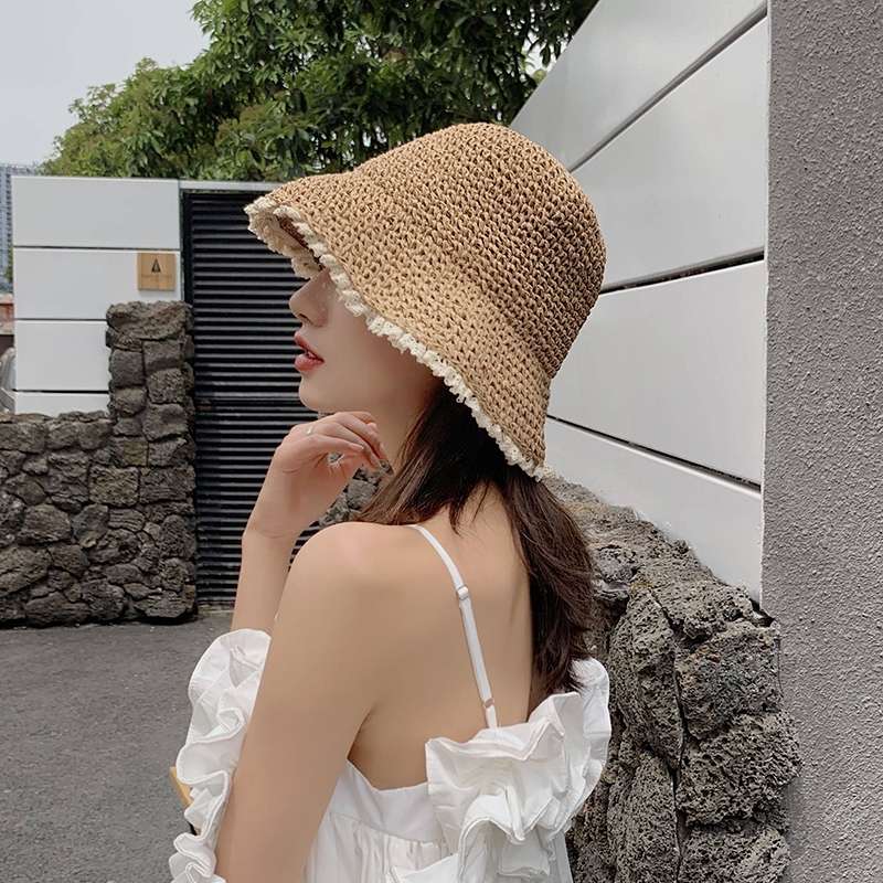 Japanese Lace Edge Straw Hat Female Summer Small Fresh Beach Sunshade Basin Hat Korean Version Of The Tide All Sunscreen Straw Fisherman Hat undefined