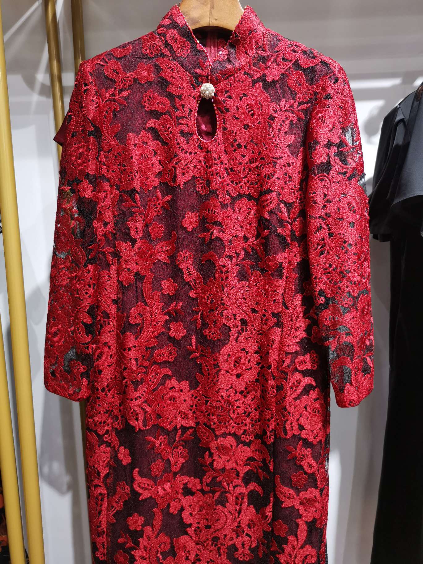 A light luxury and festive lace double-layer long-sleeved straight-leg cheongsam dress