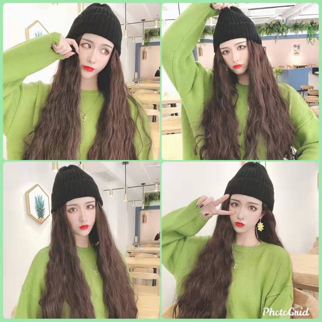 假发帽子一体女秋冬款时尚女网红长发帽子羊毛卷长卷发仿真全头套