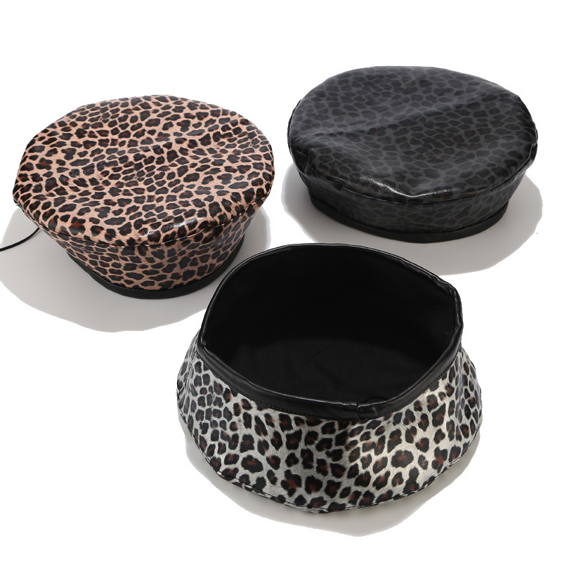 Ins leopard print PU leather beret for women Korean retro casual fur-lined bud hat art artist hat newspaper boy hat thumbnail