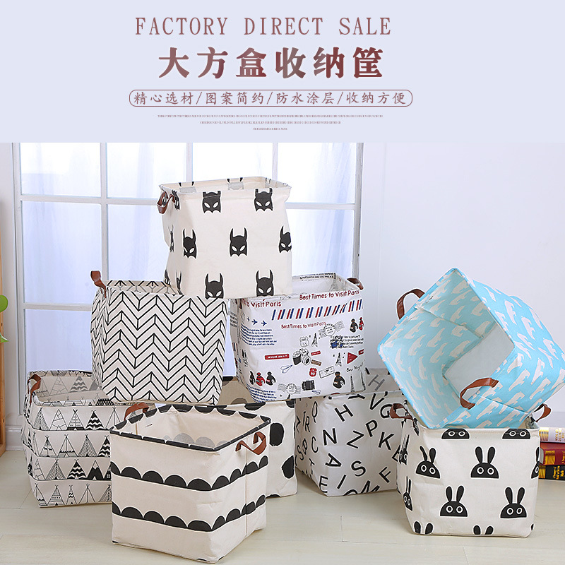 Nordic cotton and linen cartoon pattern dirty clothes bucket folding waterproof dirty clothes basket square storage bucket Cloth art children's toy storage bucket PU handle thumbnail