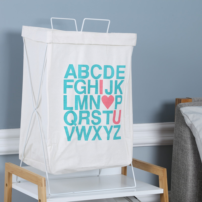 北欧铁艺收纳布艺收纳筐棉麻铁三角架脏衣篓可折叠防水提手铁架收纳篓大号不带盖日式