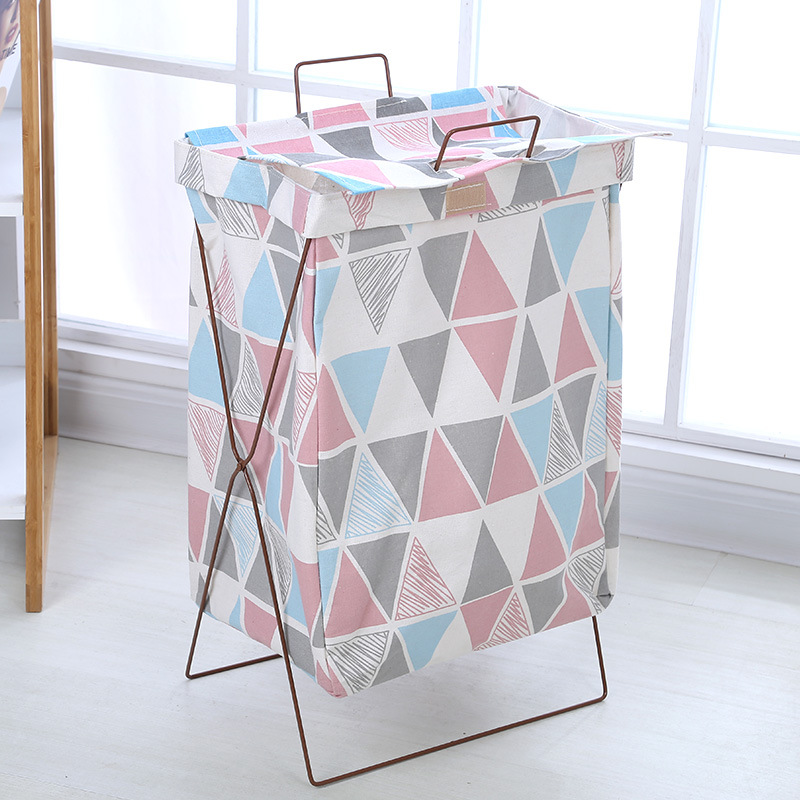 铁艺收纳布艺收纳筐棉麻铁三角架脏衣篓可折叠防水提手铁架收纳篓大号满花带盖