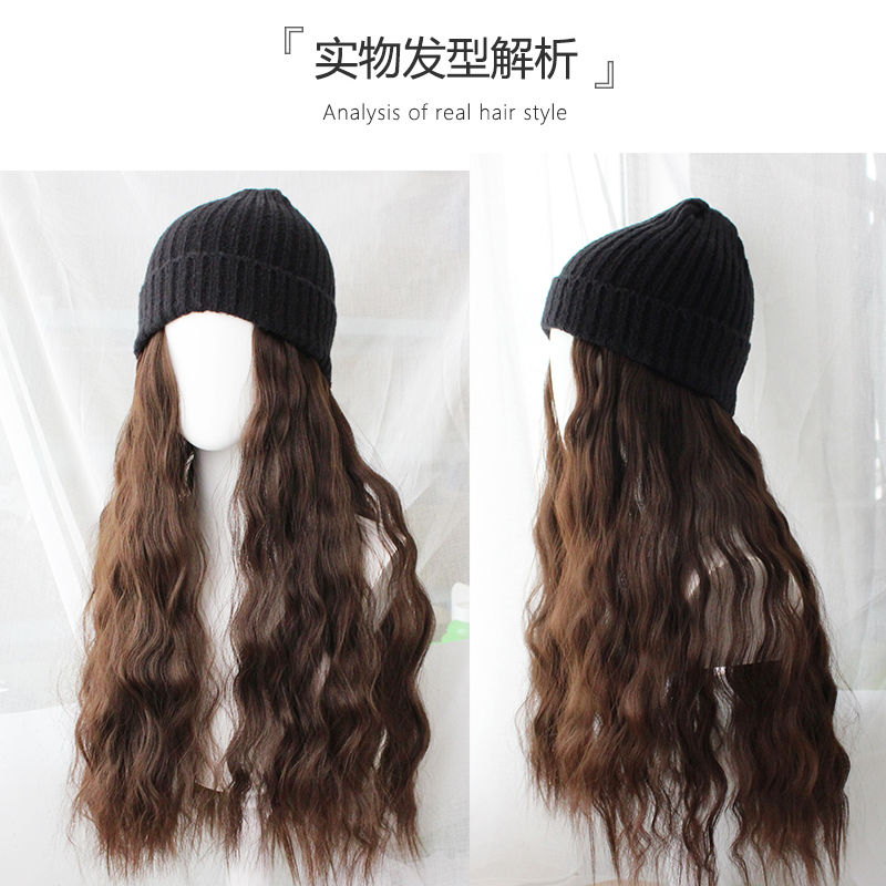 假发帽子一体女秋冬款时尚女网红长发帽子羊毛卷长卷发仿真全头套细节图