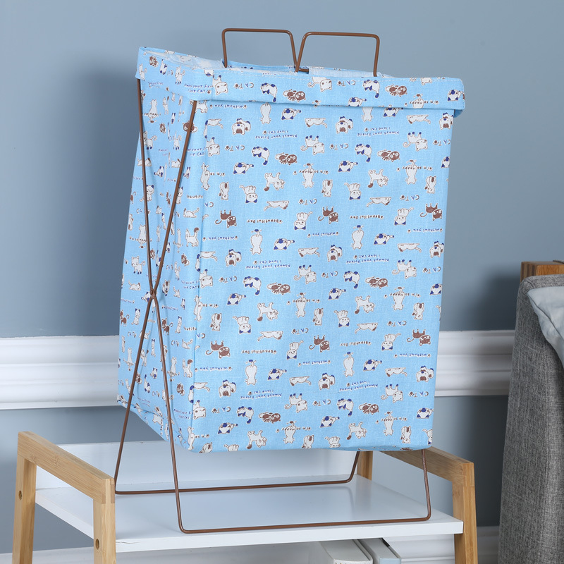 北欧铁艺收纳布艺收纳筐棉麻铁三角架脏衣篓可折叠防水提手铁架收纳篓大号不带盖满花花型详情图6