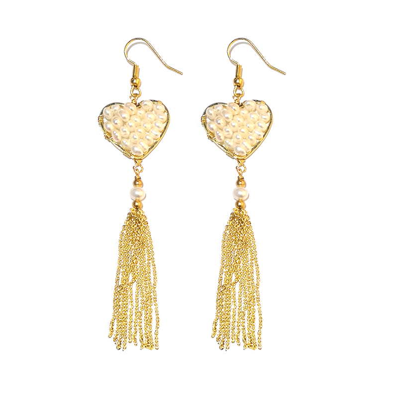 TSXMN Korean handmade natural freshwater pearl earrings imported 14K gold notes long tassel style fashion earrings thumbnail