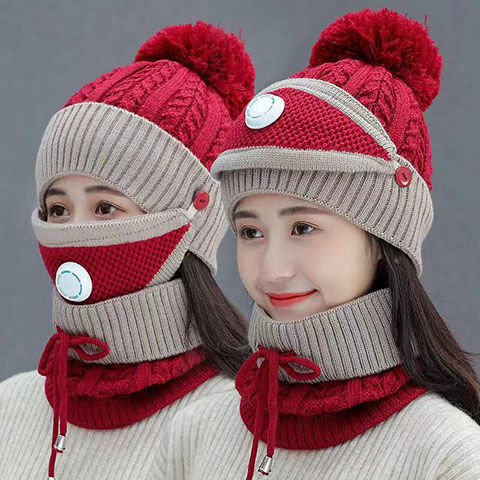 Hat lady winter with velvet neck three-piece outdoor outdoor cold hat with thick ear protection cap cover head thumbnail