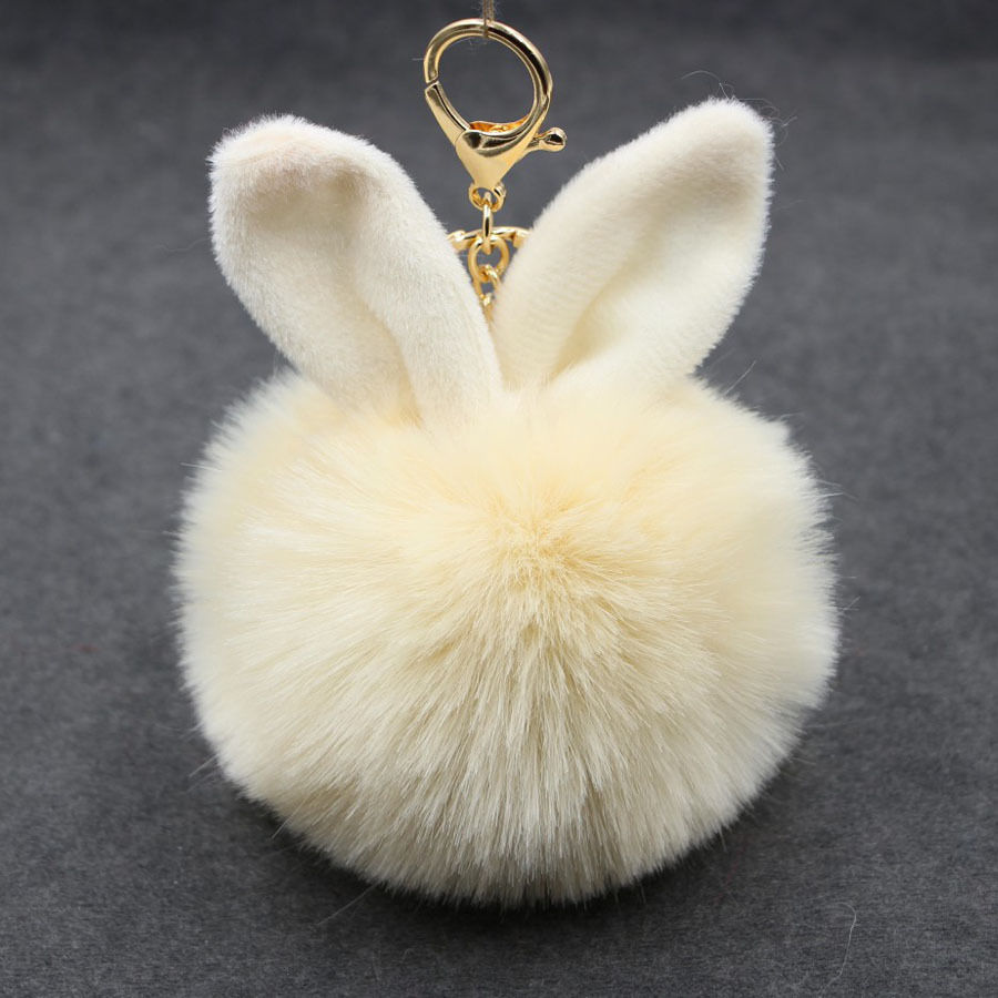 Plush keychain pendant, cute rabbit ear pom-ball pendant, faux fur bag accessory, fluffy pom-ball pendant details Picture