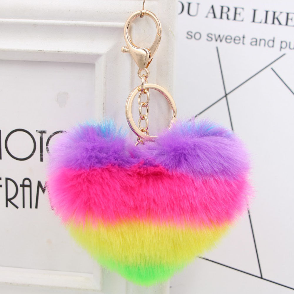 New products: Colorful rainbow heart, cute hairball keychain, women's bag, plush pendant, car gift pendant Item Picture