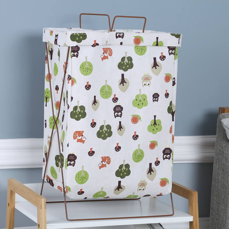 北欧铁艺收纳布艺收纳筐棉麻铁三角架脏衣篓可折叠防水提手铁架收纳篓大号不带盖满花花型白底实物图