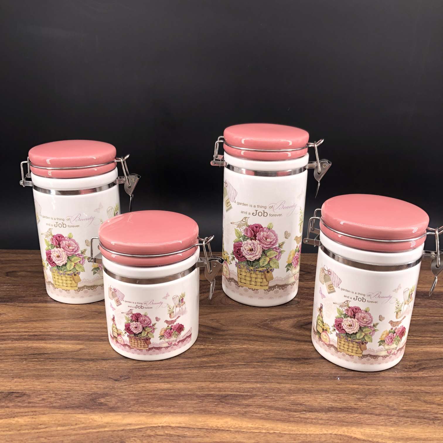 粉色蔷薇陶瓷四件套密封罐