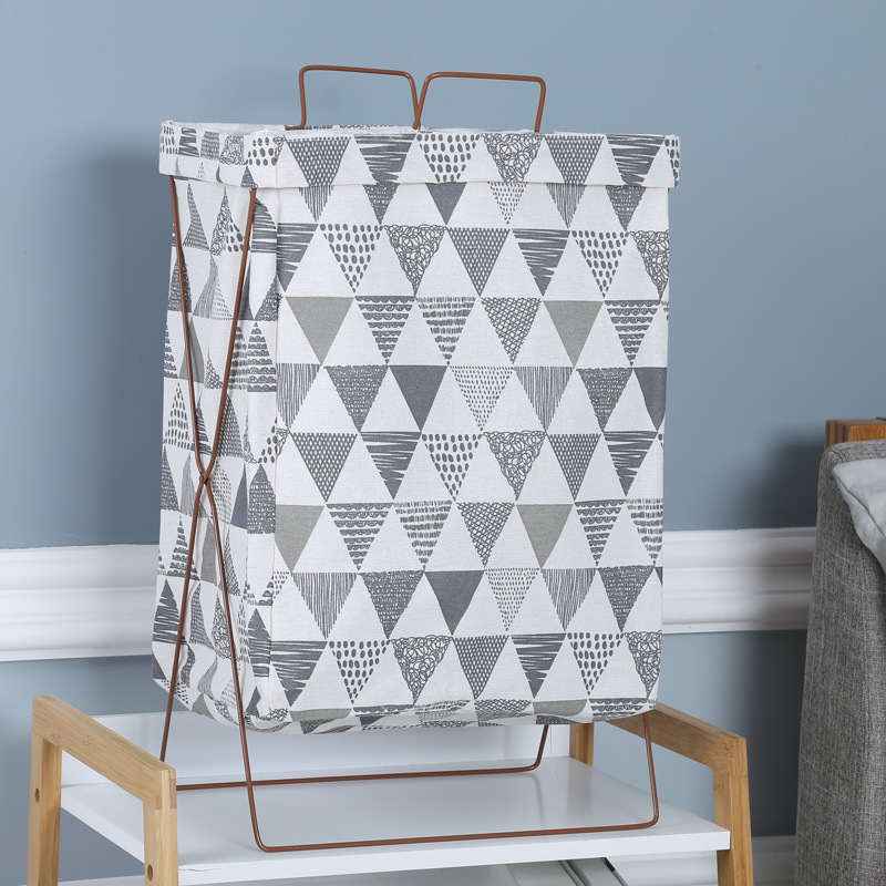 北欧铁艺收纳布艺收纳筐棉麻铁三角架脏衣篓可折叠防水提手铁架收纳篓大号不带盖满花花型详情图7