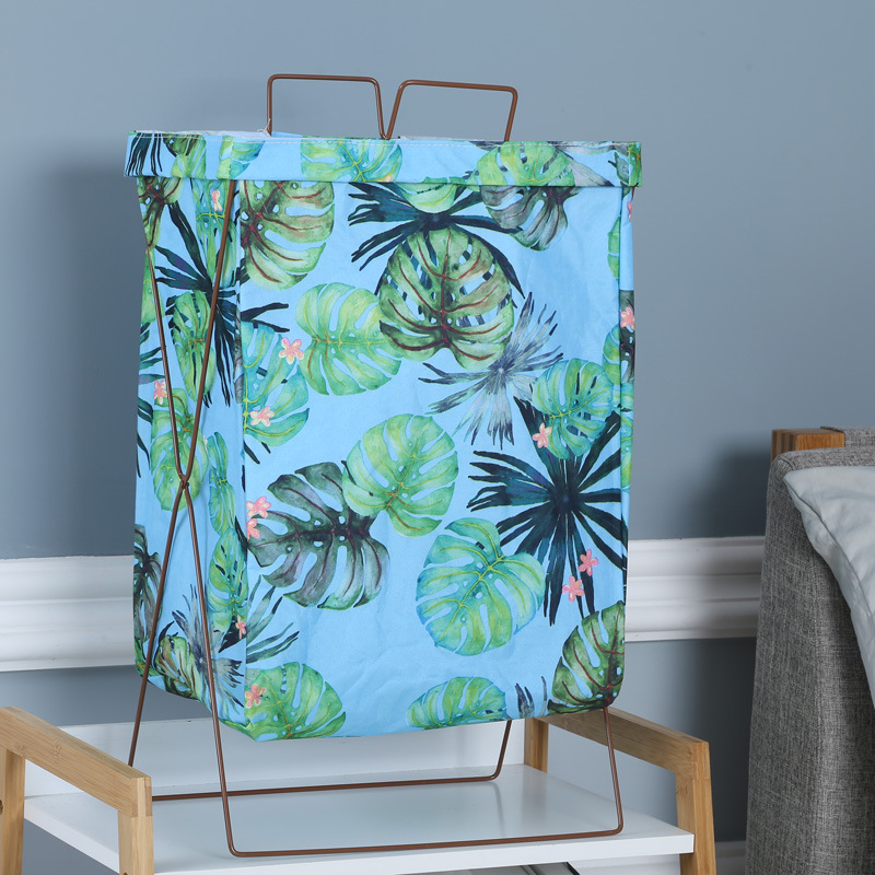 北欧铁艺收纳布艺收纳筐棉麻铁三角架脏衣篓可折叠防水提手铁架收纳篓大号不带盖满花花型详情图8