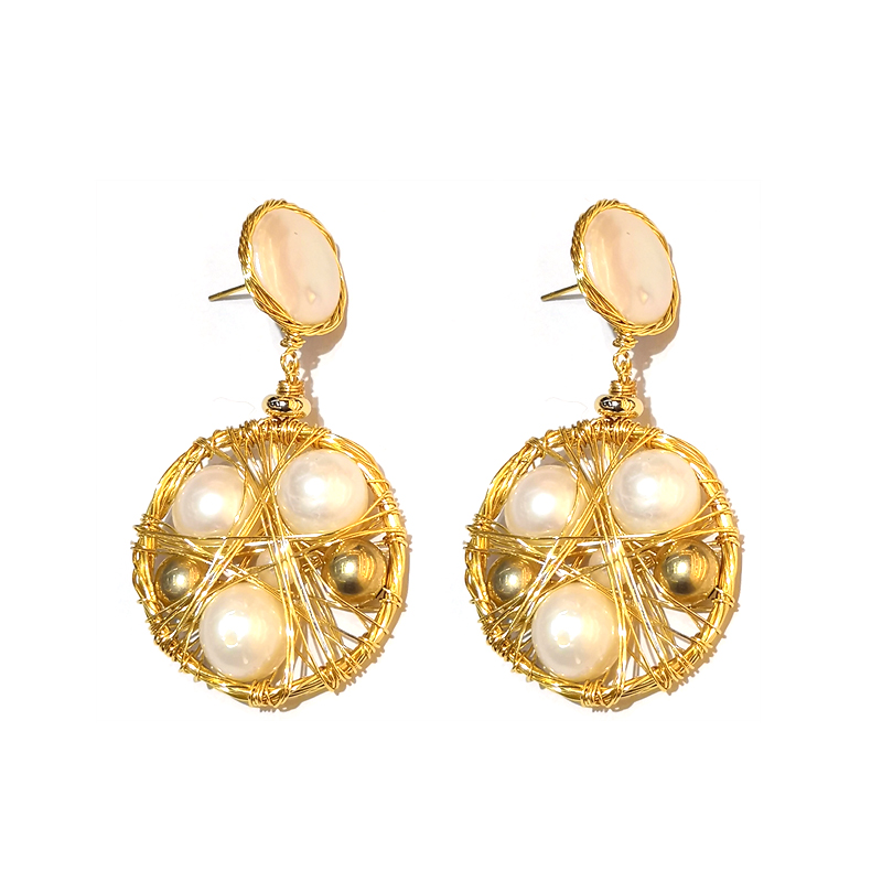 2019 Baroque pearl long earrings of 14K gold winding three coin pearl earrings thumbnail