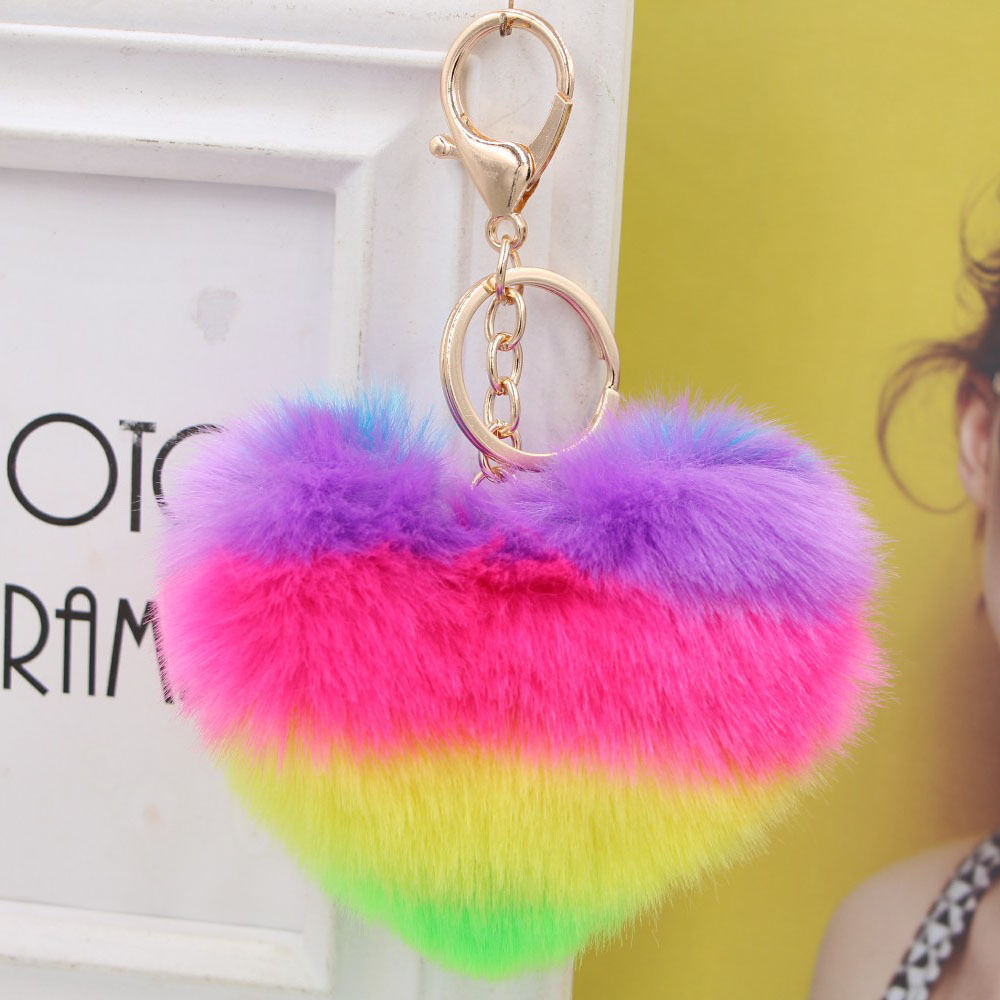 New products: Colorful rainbow heart, cute hairball keychain, women's bag, plush pendant, car gift pendant Specification image