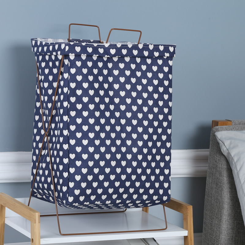 北欧铁艺收纳布艺收纳筐棉麻铁三角架脏衣篓可折叠防水提手铁架收纳篓大号不带盖满花花型详情图10