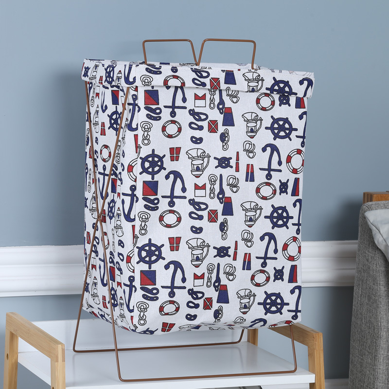 北欧铁艺收纳布艺收纳筐棉麻铁三角架脏衣篓可折叠防水提手铁架收纳篓大号不带盖满花花型细节图