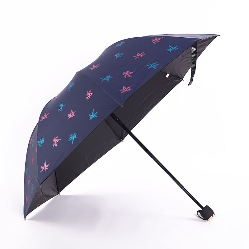 闪光金粉印刷 枫叶🍁黑胶遮阳晴雨双用三折雨伞细节图
