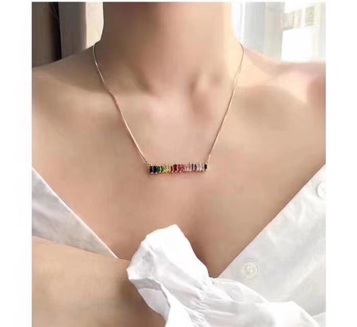 欧美小众超美不规则锆石锁骨链彩虹一字长条长款项链网红手链女人