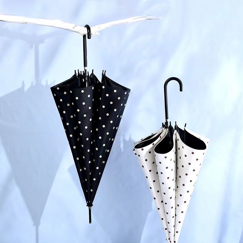 Straight-shank black rubber sunshade umbrella, Korean version polka dot UV protection umbrella details Picture