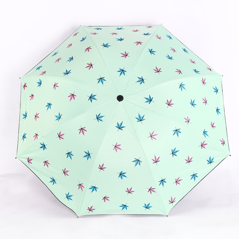 闪光金粉印刷 枫叶🍁黑胶遮阳晴雨双用三折雨伞白底实物图