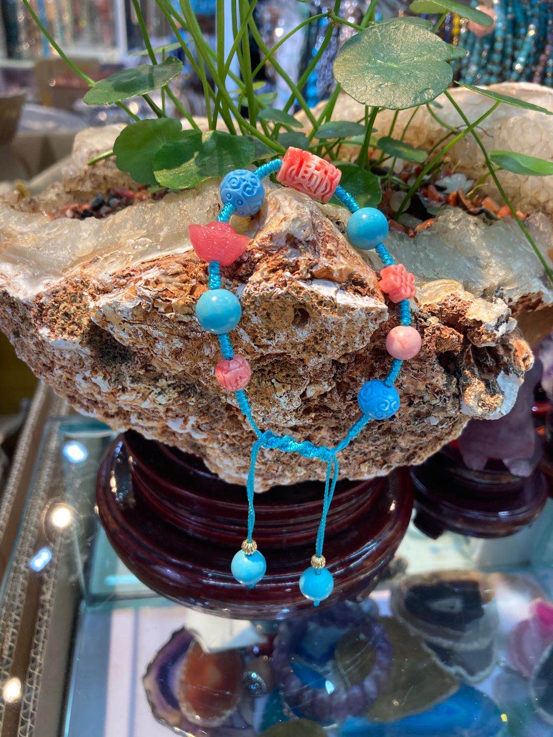 Original mineral turquesa diseño original tejido a mano doble pulsera con accesorios Specification image