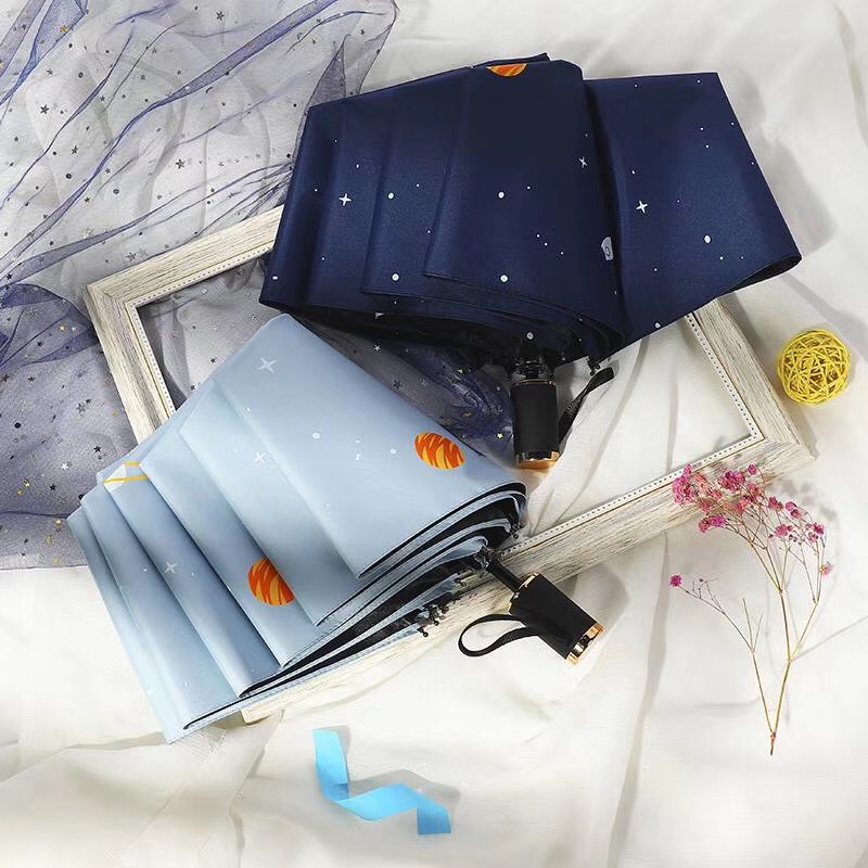 Starry Sky Universe Nine-piece plywood Black vinyl Three-fold Umbrella